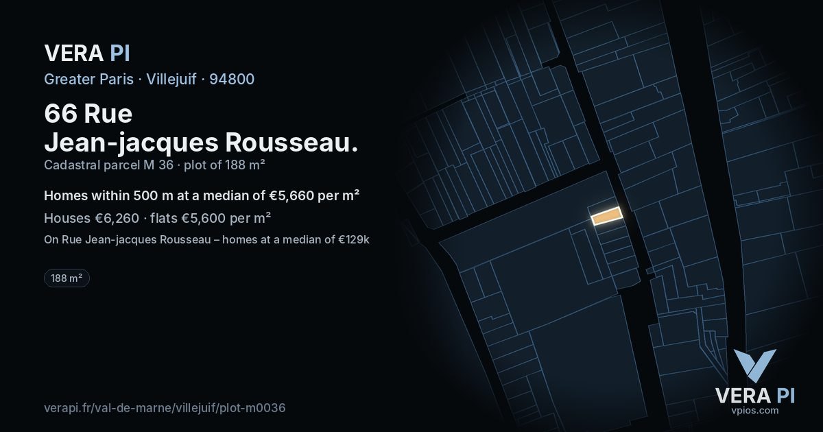 66 Rue Jean-jacques Rousseau, Villejuif at night – the plot lit, the parcels around coloured by the prices near them