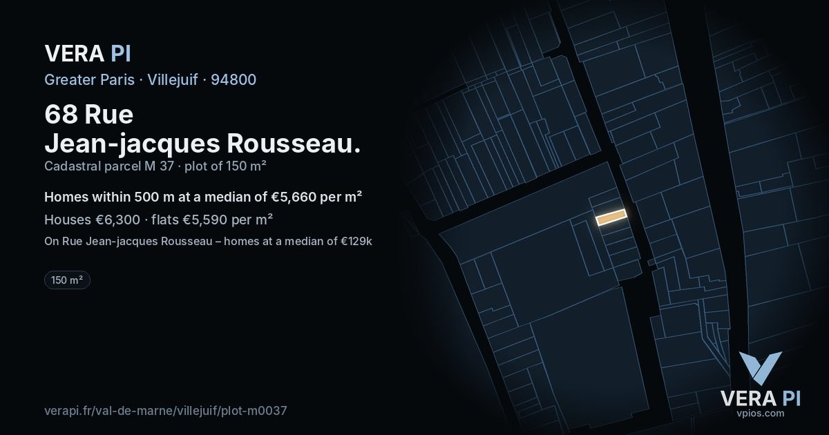 68 Rue Jean-jacques Rousseau, Villejuif at night – the plot lit, the parcels around coloured by the prices near them