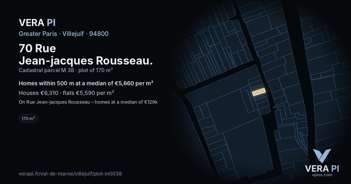 70 Rue Jean-jacques Rousseau, Villejuif at night – the plot lit, the parcels around coloured by the prices near them