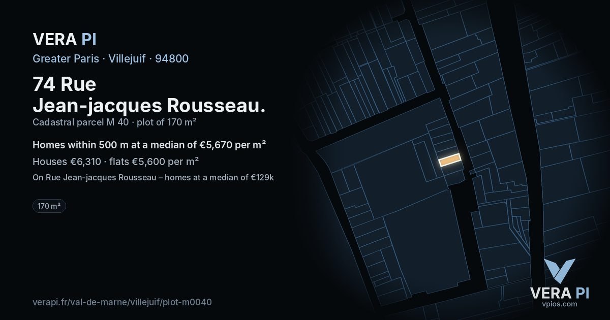 74 Rue Jean-jacques Rousseau, Villejuif at night – the plot lit, the parcels around coloured by the prices near them