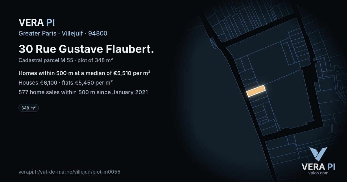 30 Rue Gustave Flaubert, Villejuif at night – the plot lit, the parcels around coloured by the prices near them