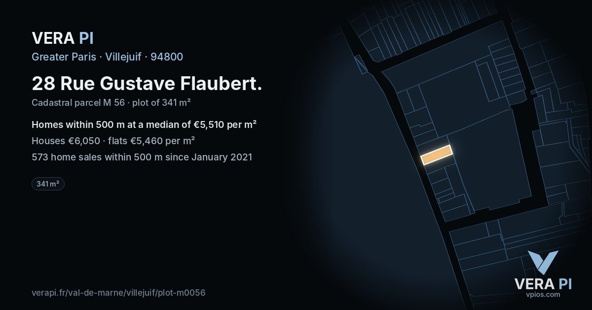 28 Rue Gustave Flaubert, Villejuif at night – the plot lit, the parcels around coloured by the prices near them