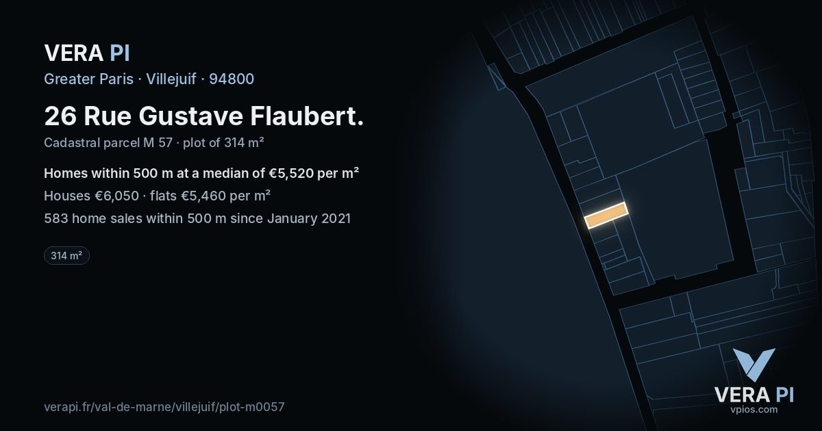 26 Rue Gustave Flaubert, Villejuif at night – the plot lit, the parcels around coloured by the prices near them