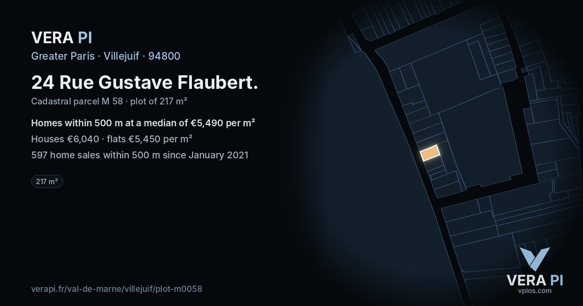 24 Rue Gustave Flaubert, Villejuif at night – the plot lit, the parcels around coloured by the prices near them