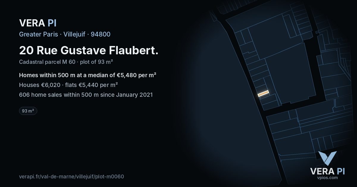 20 Rue Gustave Flaubert, Villejuif at night – the plot lit, the parcels around coloured by the prices near them
