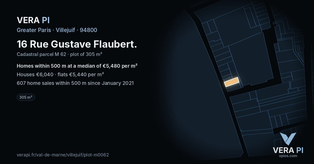 16 Rue Gustave Flaubert, Villejuif at night – the plot lit, the parcels around coloured by the prices near them