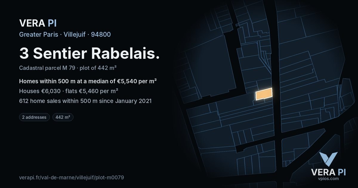 3 Sentier Rabelais, Villejuif at night – the plot lit, the parcels around coloured by the prices near them