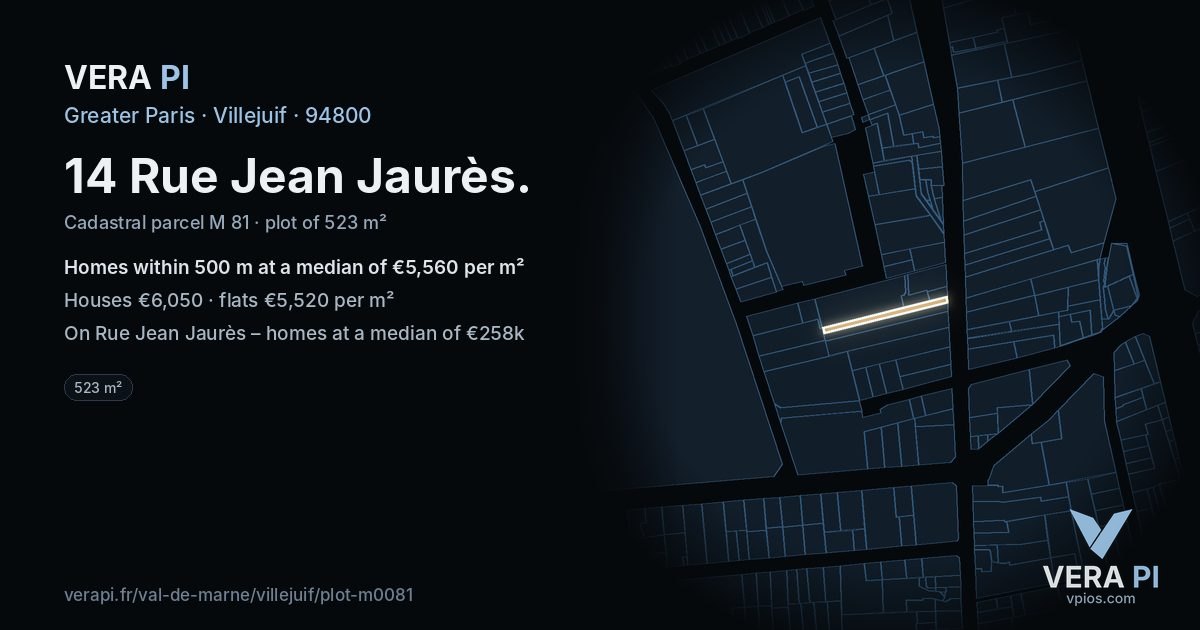 14 Rue Jean Jaurès, Villejuif at night – the plot lit, the parcels around coloured by the prices near them