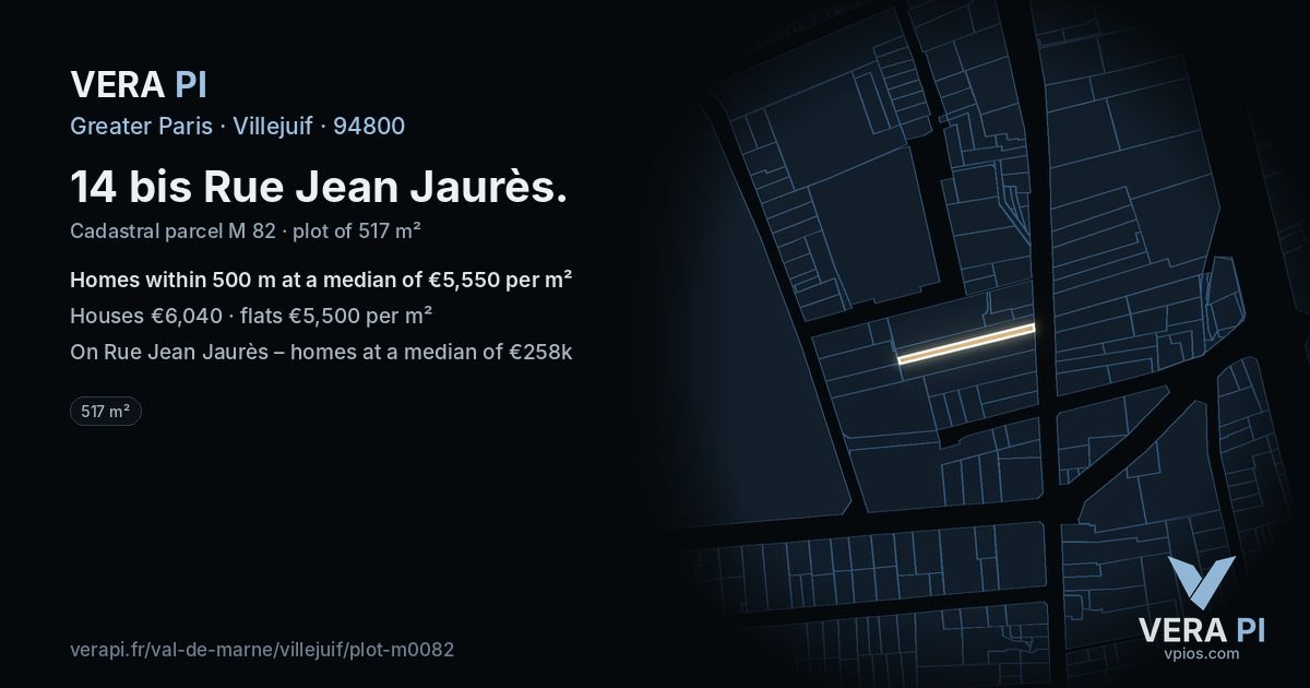 14 bis Rue Jean Jaurès, Villejuif at night – the plot lit, the parcels around coloured by the prices near them