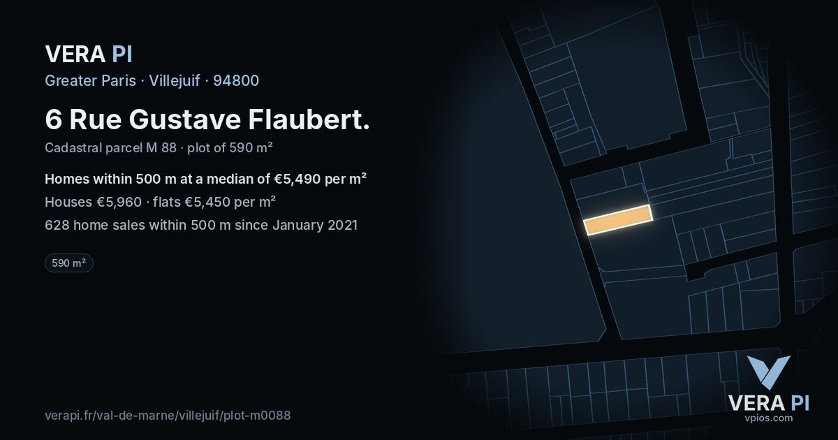 6 Rue Gustave Flaubert, Villejuif at night – the plot lit, the parcels around coloured by the prices near them