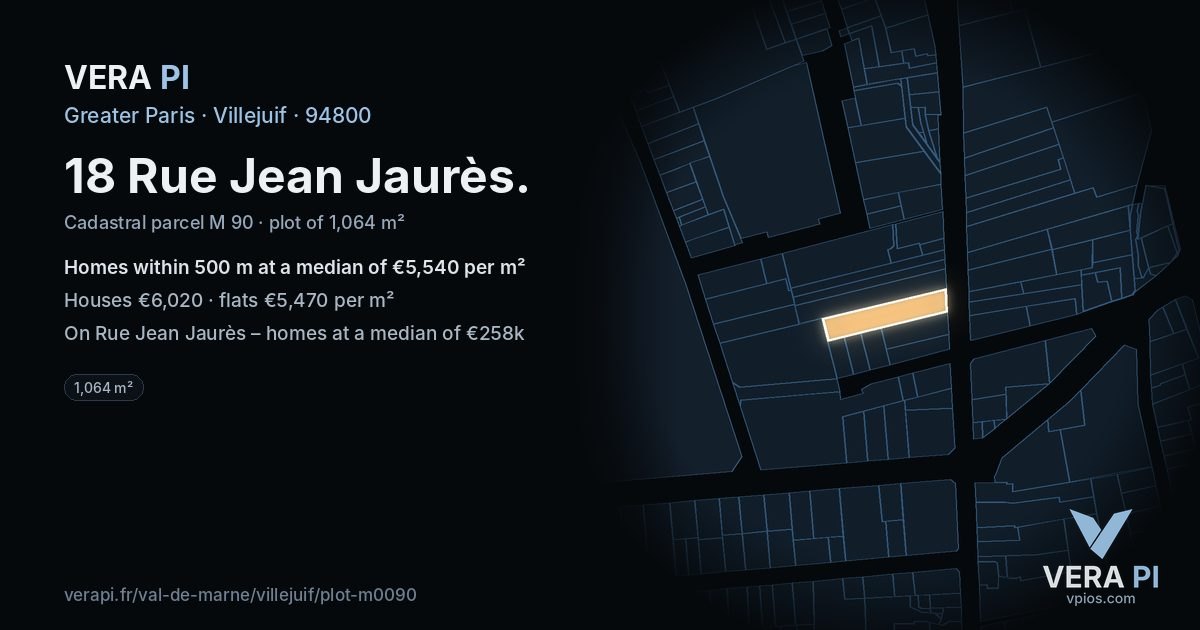 18 Rue Jean Jaurès, Villejuif at night – the plot lit, the parcels around coloured by the prices near them