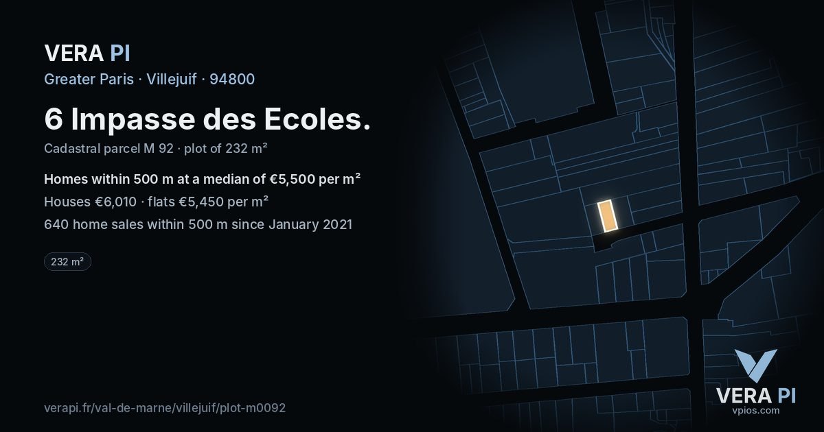 6 Impasse des Ecoles, Villejuif at night – the plot lit, the parcels around coloured by the prices near them