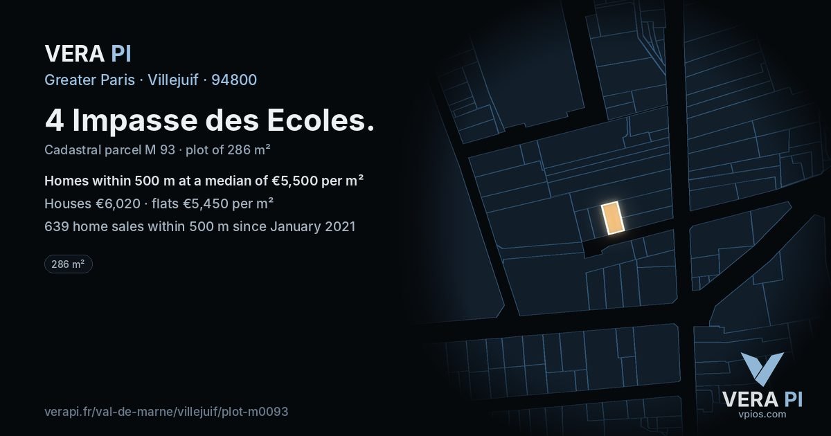 4 Impasse des Ecoles, Villejuif at night – the plot lit, the parcels around coloured by the prices near them