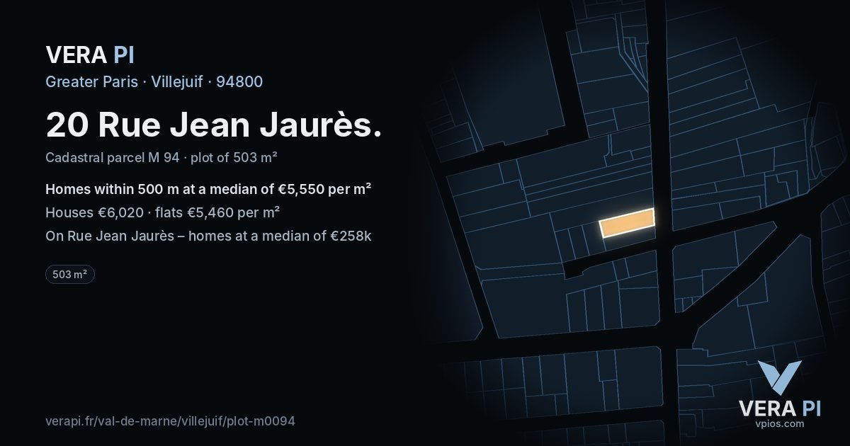 20 Rue Jean Jaurès, Villejuif at night – the plot lit, the parcels around coloured by the prices near them