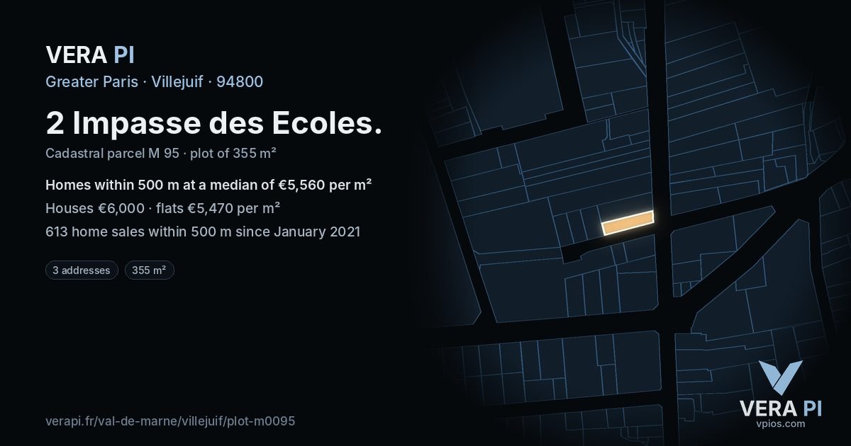 2 Impasse des Ecoles, Villejuif at night – the plot lit, the parcels around coloured by the prices near them