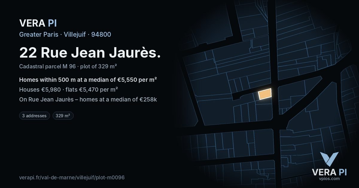 22 Rue Jean Jaurès, Villejuif at night – the plot lit, the parcels around coloured by the prices near them