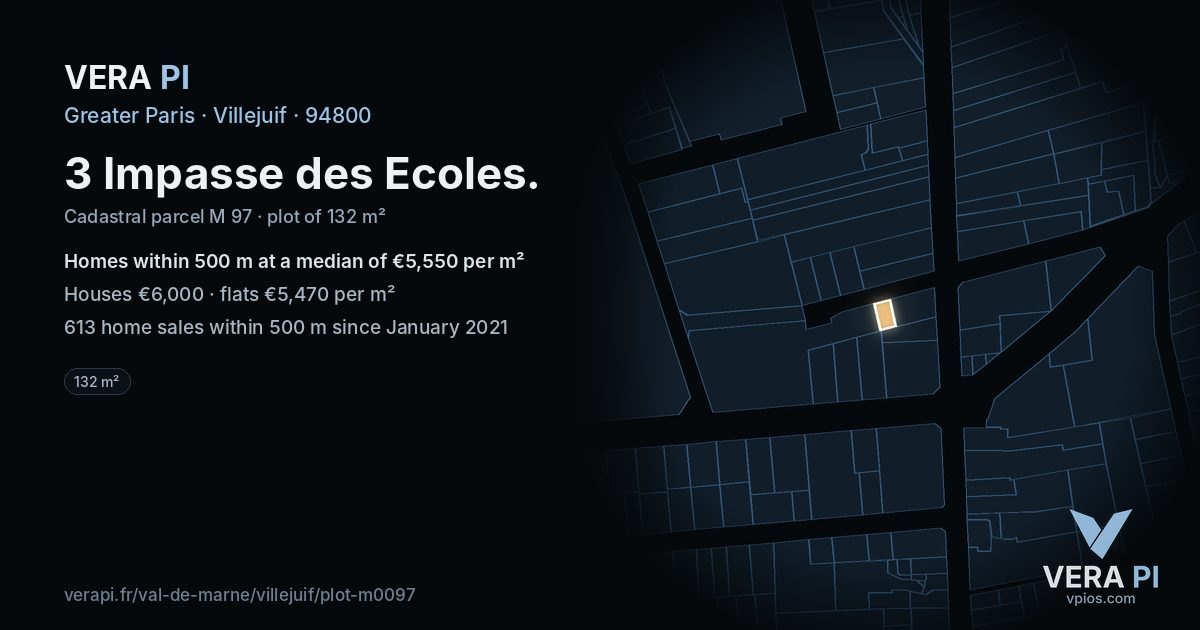 3 Impasse des Ecoles, Villejuif at night – the plot lit, the parcels around coloured by the prices near them