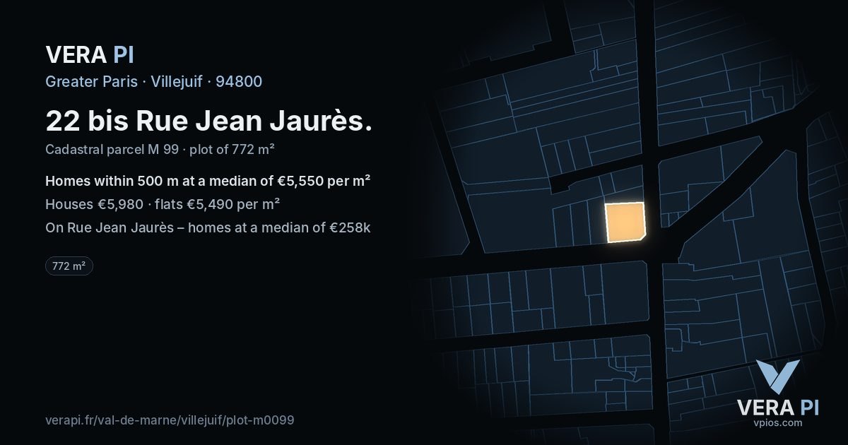 22 bis Rue Jean Jaurès, Villejuif at night – the plot lit, the parcels around coloured by the prices near them