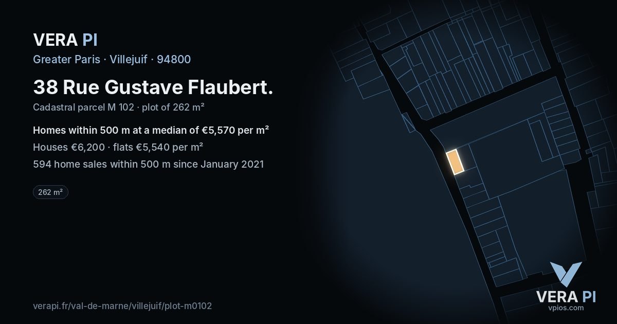 38 Rue Gustave Flaubert, Villejuif at night – the plot lit, the parcels around coloured by the prices near them