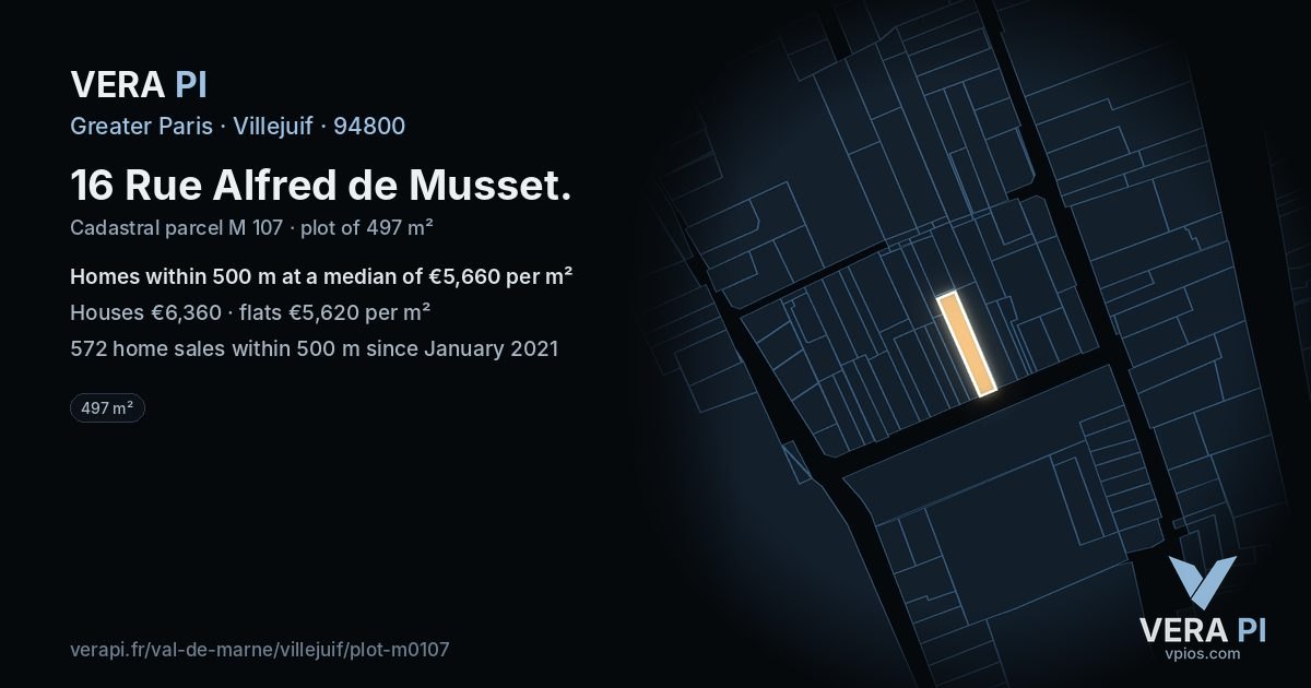 16 Rue Alfred de Musset, Villejuif at night – the plot lit, the parcels around coloured by the prices near them