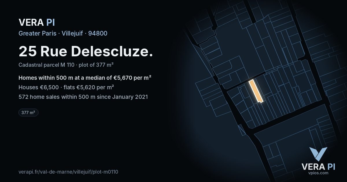 25 Rue Delescluze, Villejuif at night – the plot lit, the parcels around coloured by the prices near them