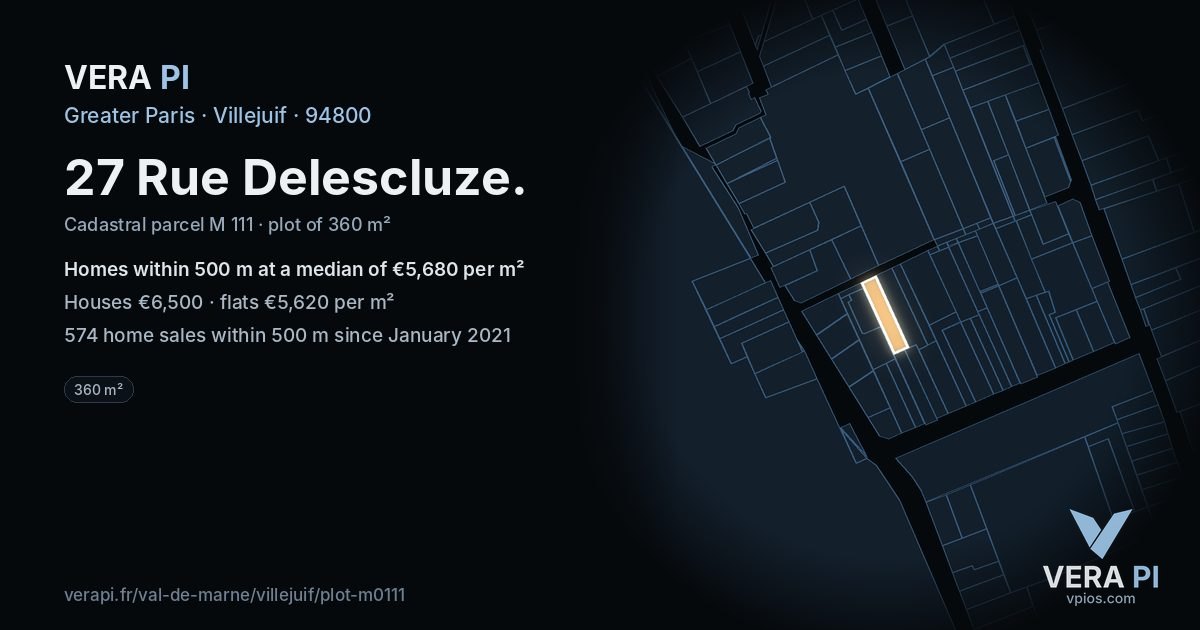 27 Rue Delescluze, Villejuif at night – the plot lit, the parcels around coloured by the prices near them