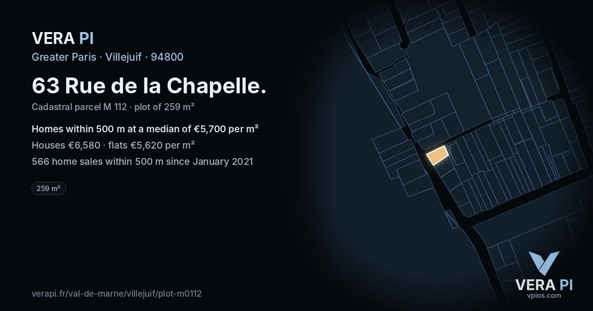63 Rue de la Chapelle, Villejuif at night – the plot lit, the parcels around coloured by the prices near them