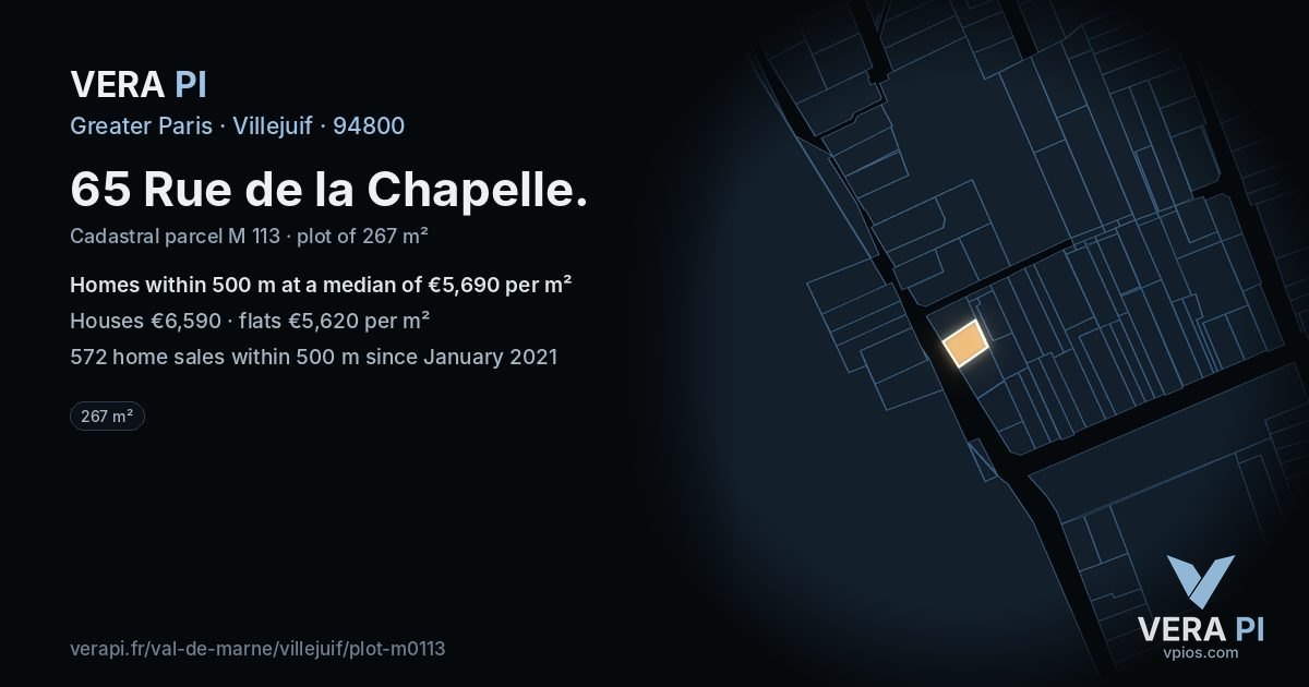 65 Rue de la Chapelle, Villejuif at night – the plot lit, the parcels around coloured by the prices near them