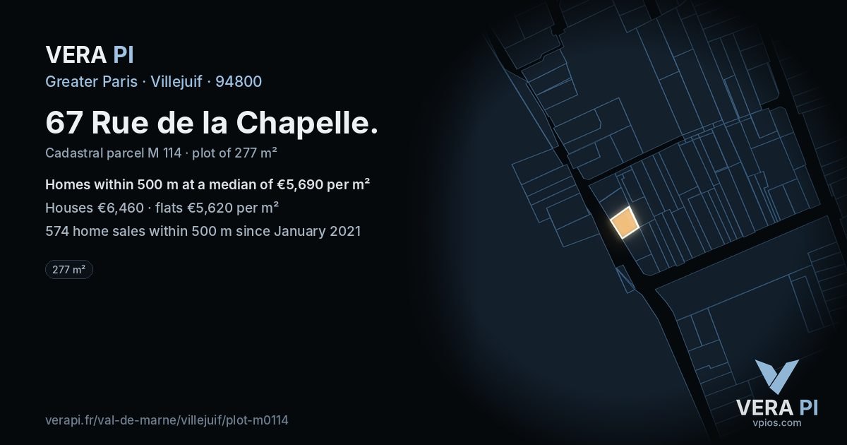 67 Rue de la Chapelle, Villejuif at night – the plot lit, the parcels around coloured by the prices near them