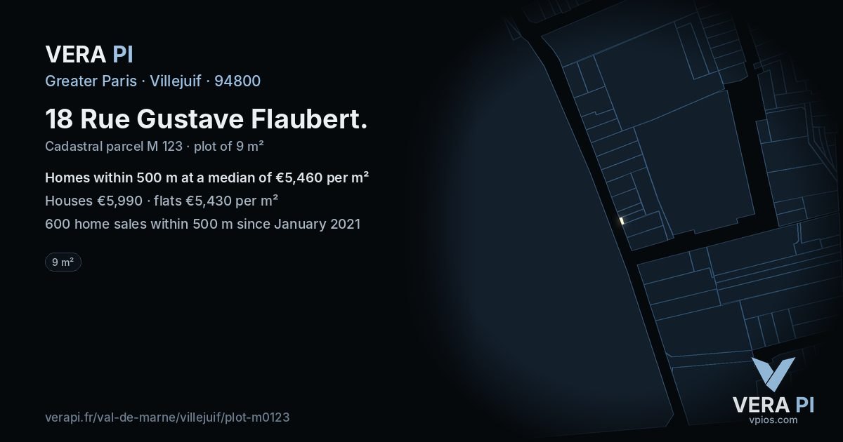 18 Rue Gustave Flaubert, Villejuif at night – the plot lit, the parcels around coloured by the prices near them