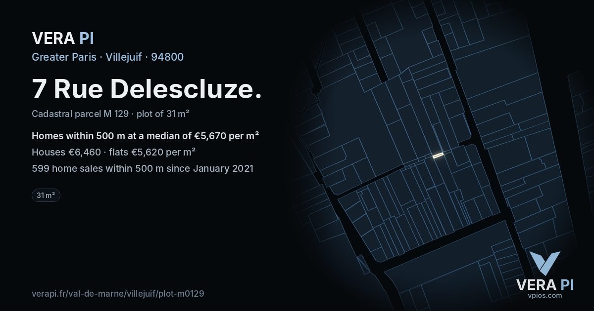 7 Rue Delescluze, Villejuif at night – the plot lit, the parcels around coloured by the prices near them