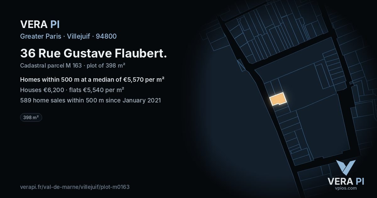 36 Rue Gustave Flaubert, Villejuif at night – the plot lit, the parcels around coloured by the prices near them