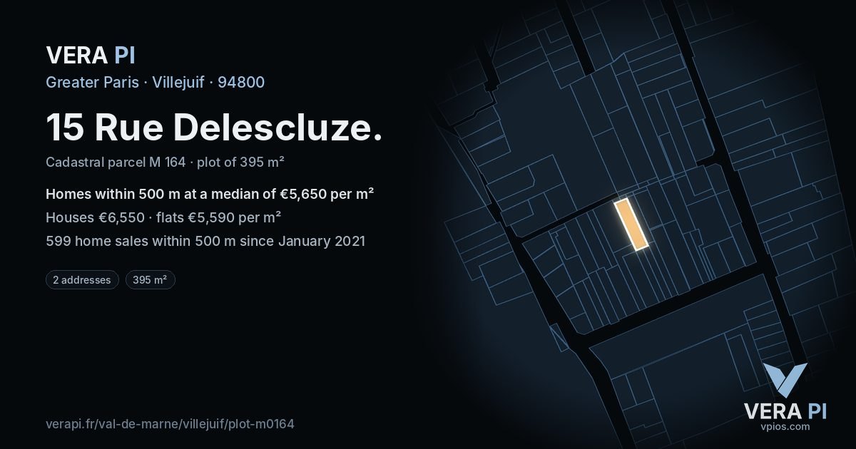 15 Rue Delescluze, Villejuif at night – the plot lit, the parcels around coloured by the prices near them