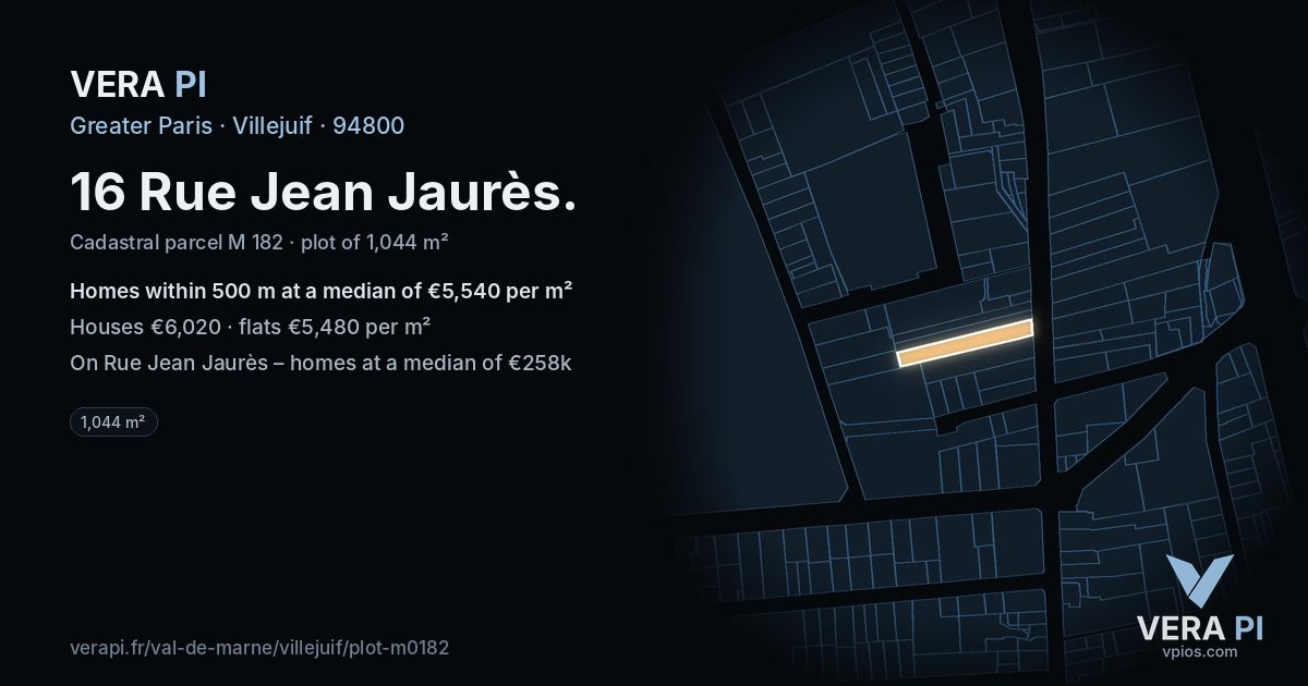 16 Rue Jean Jaurès, Villejuif at night – the plot lit, the parcels around coloured by the prices near them