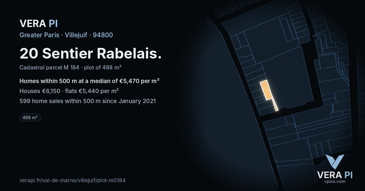 20 Sentier Rabelais, Villejuif at night – the plot lit, the parcels around coloured by the prices near them