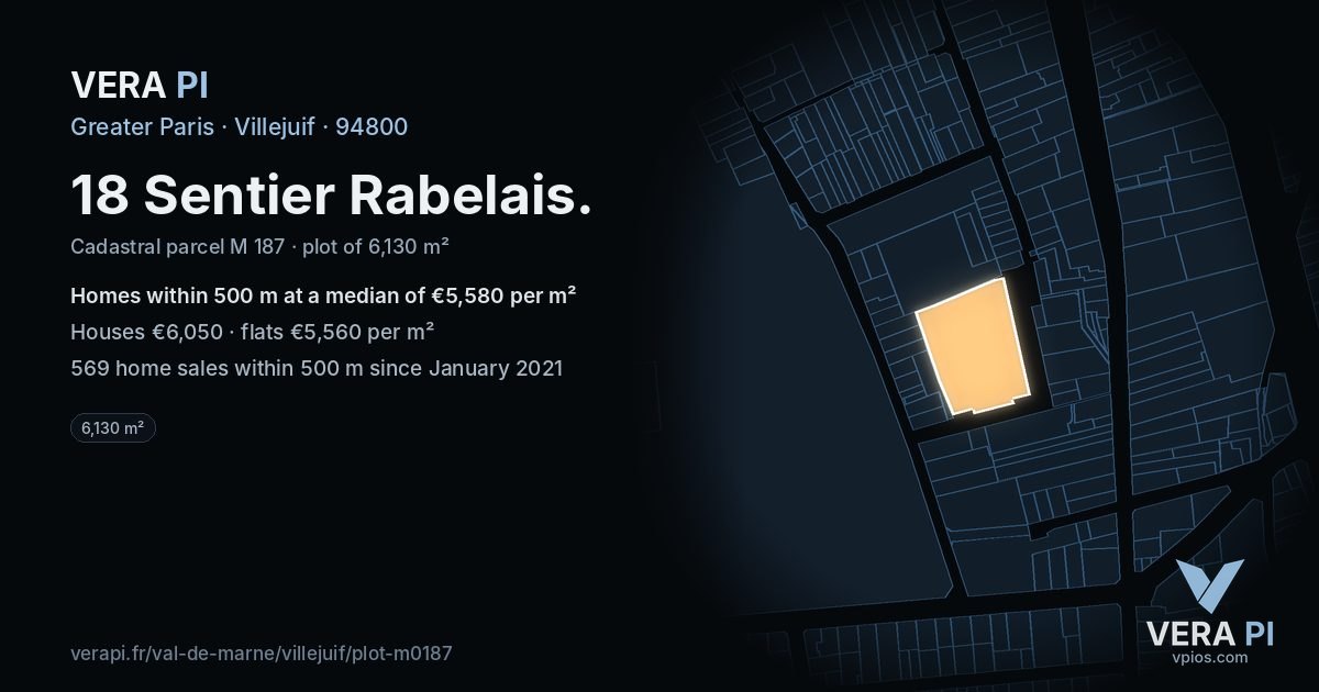 18 Sentier Rabelais, Villejuif at night – the plot lit, the parcels around coloured by the prices near them