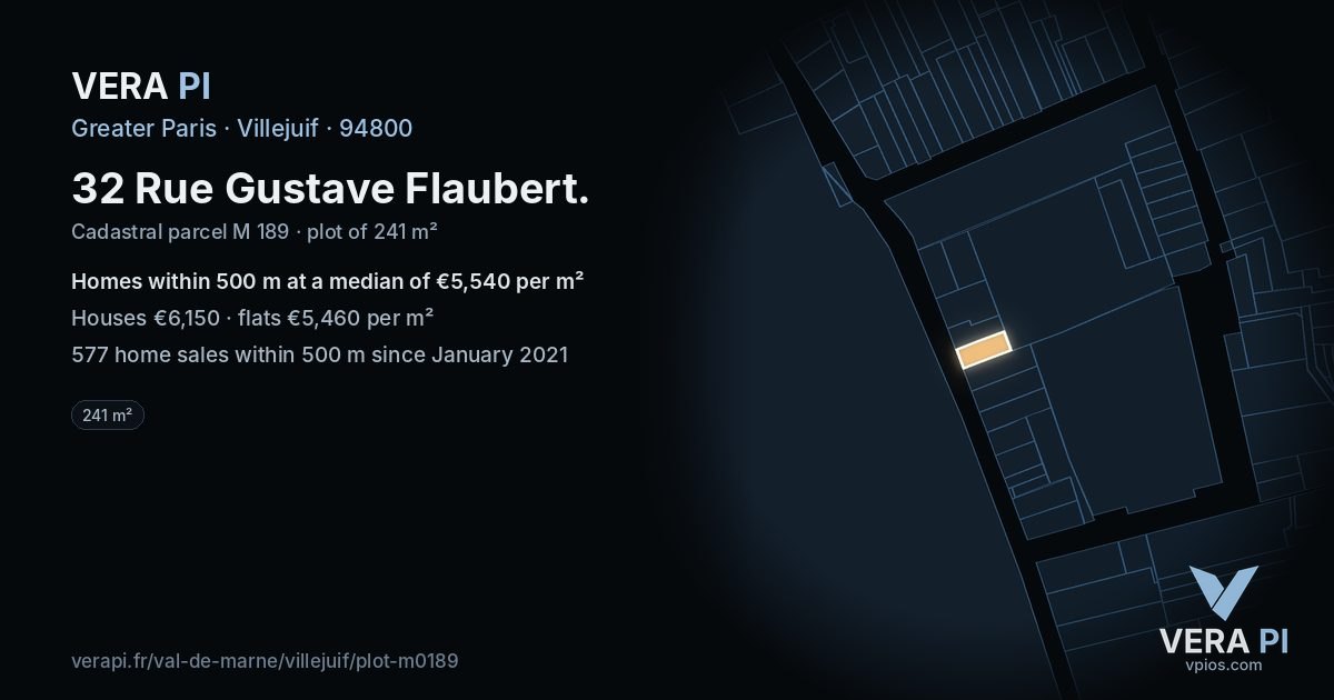 32 Rue Gustave Flaubert, Villejuif at night – the plot lit, the parcels around coloured by the prices near them