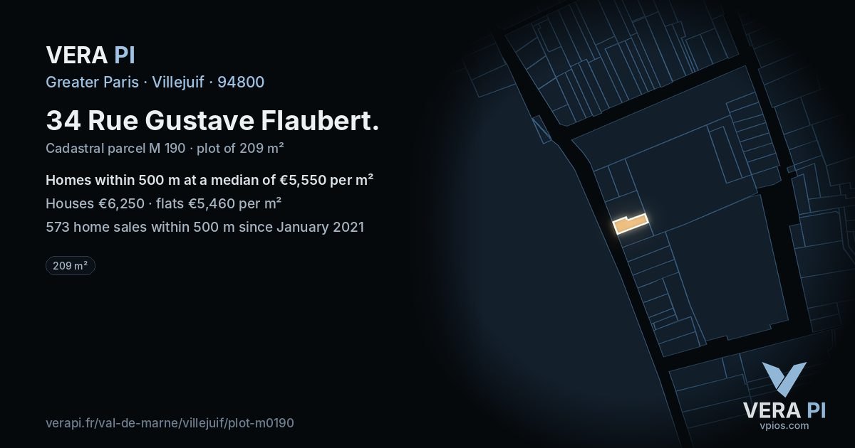 34 Rue Gustave Flaubert, Villejuif at night – the plot lit, the parcels around coloured by the prices near them