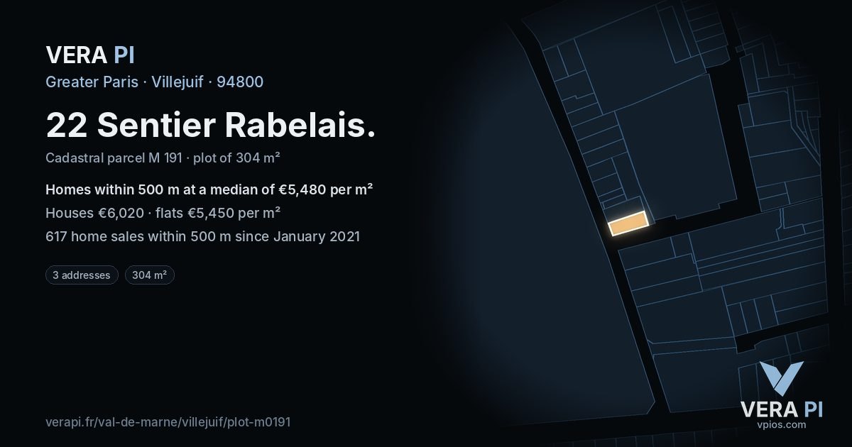 22 Sentier Rabelais, Villejuif at night – the plot lit, the parcels around coloured by the prices near them