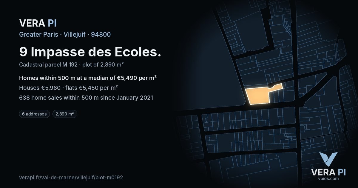 9 Impasse des Ecoles, Villejuif at night – the plot lit, the parcels around coloured by the prices near them