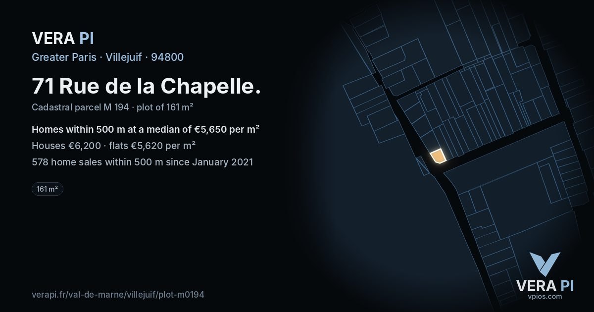71 Rue de la Chapelle, Villejuif at night – the plot lit, the parcels around coloured by the prices near them