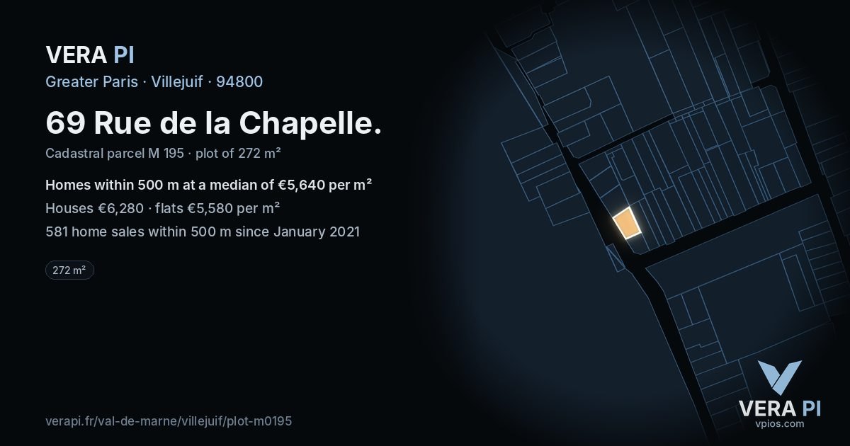 69 Rue de la Chapelle, Villejuif at night – the plot lit, the parcels around coloured by the prices near them