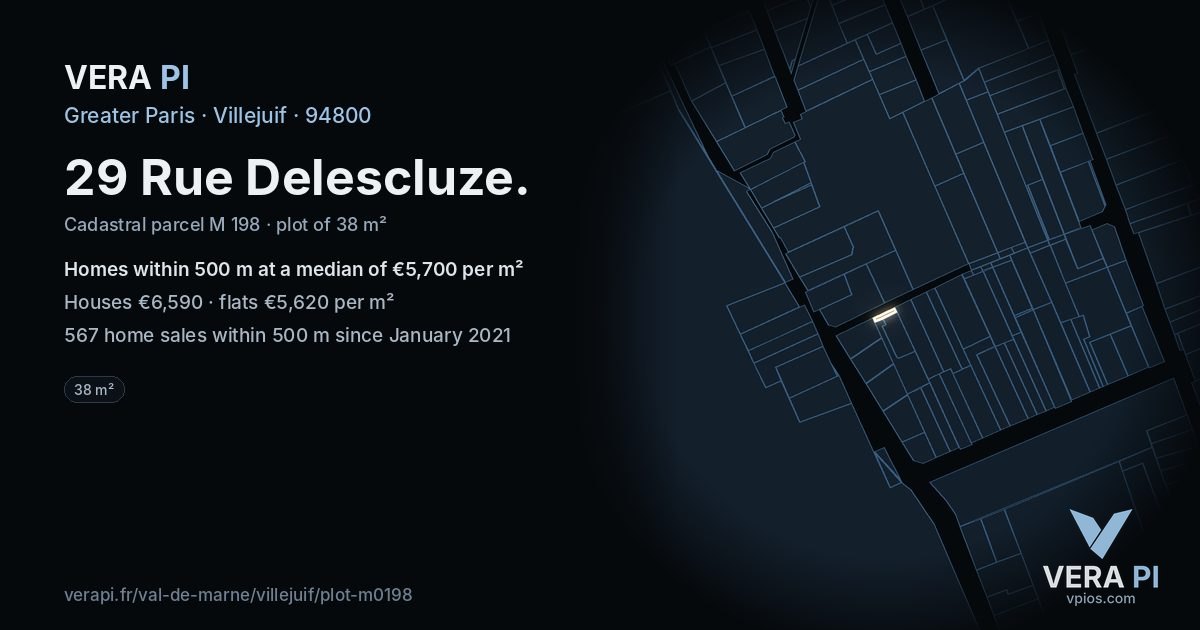 29 Rue Delescluze, Villejuif at night – the plot lit, the parcels around coloured by the prices near them