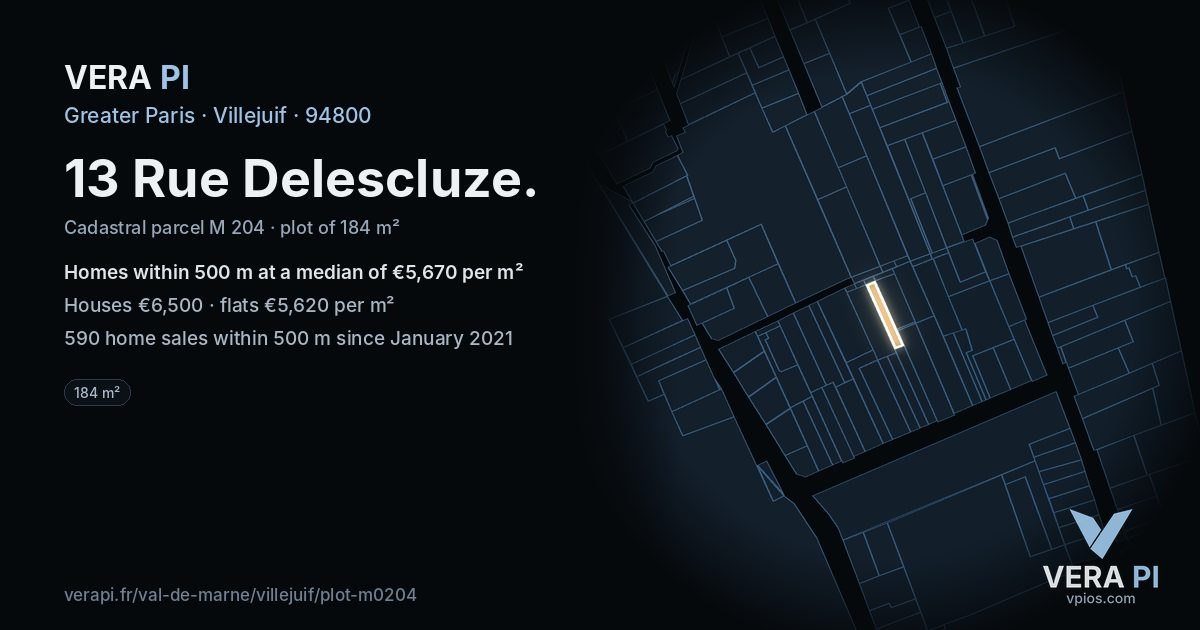 13 Rue Delescluze, Villejuif at night – the plot lit, the parcels around coloured by the prices near them