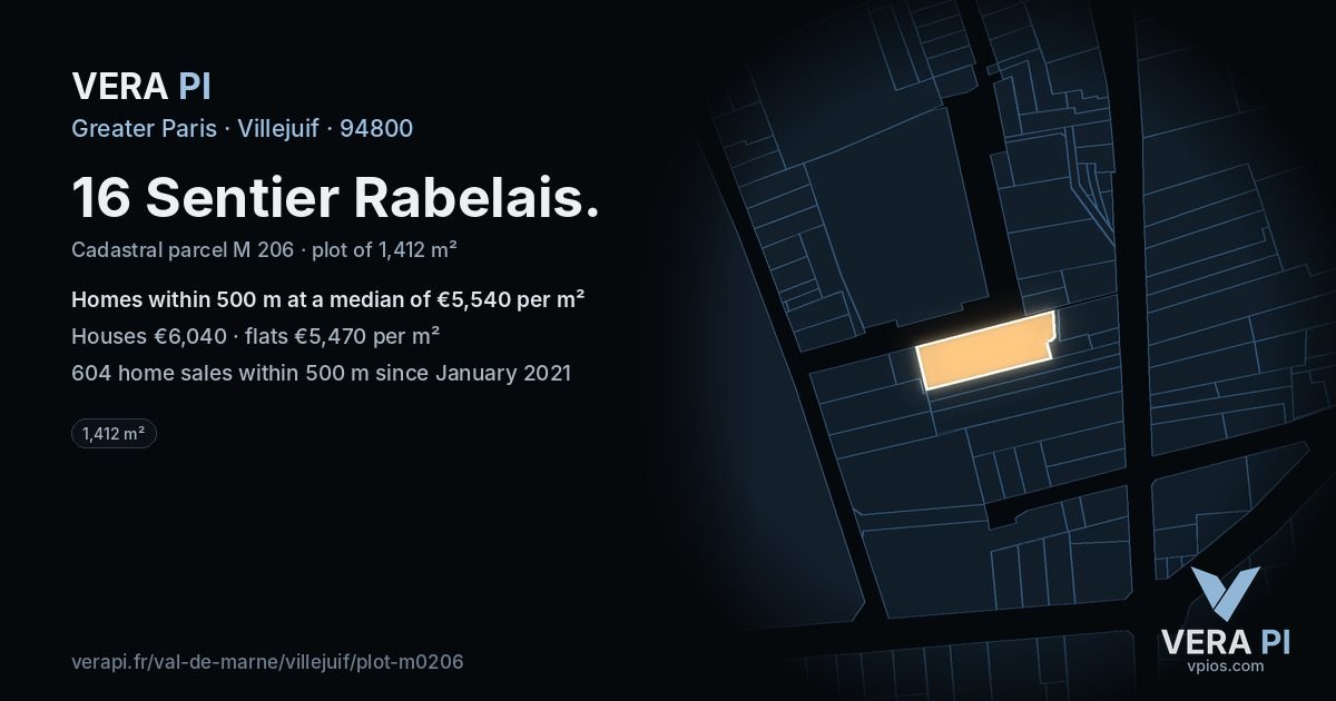 16 Sentier Rabelais, Villejuif at night – the plot lit, the parcels around coloured by the prices near them
