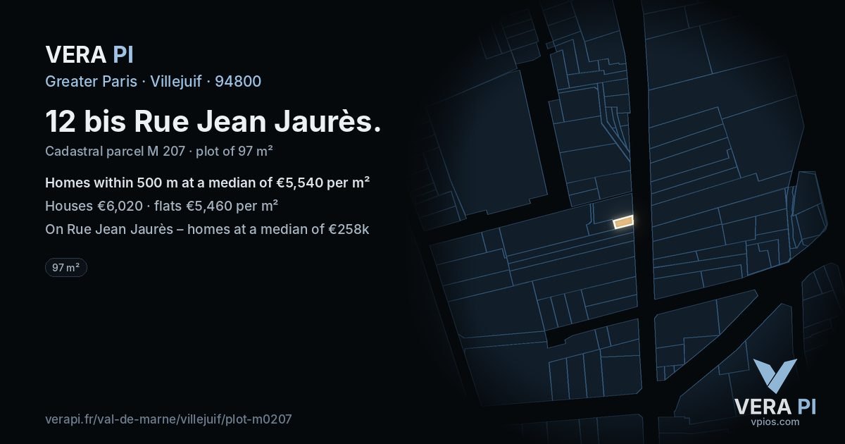 12 bis Rue Jean Jaurès, Villejuif at night – the plot lit, the parcels around coloured by the prices near them