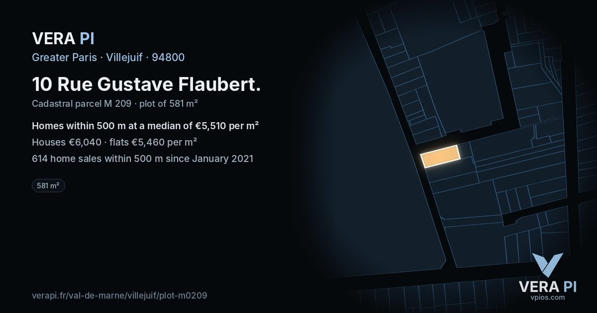10 Rue Gustave Flaubert, Villejuif at night – the plot lit, the parcels around coloured by the prices near them