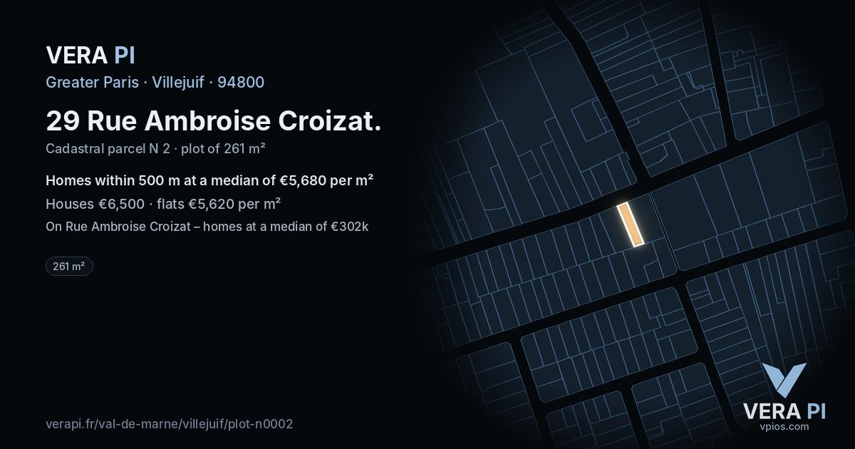 29 Rue Ambroise Croizat, Villejuif at night – the plot lit, the parcels around coloured by the prices near them