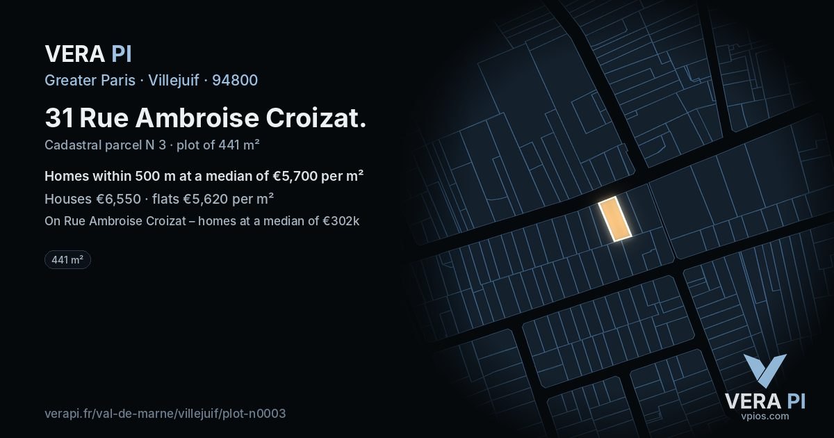 31 Rue Ambroise Croizat, Villejuif at night – the plot lit, the parcels around coloured by the prices near them