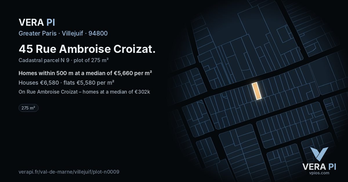 45 Rue Ambroise Croizat, Villejuif at night – the plot lit, the parcels around coloured by the prices near them